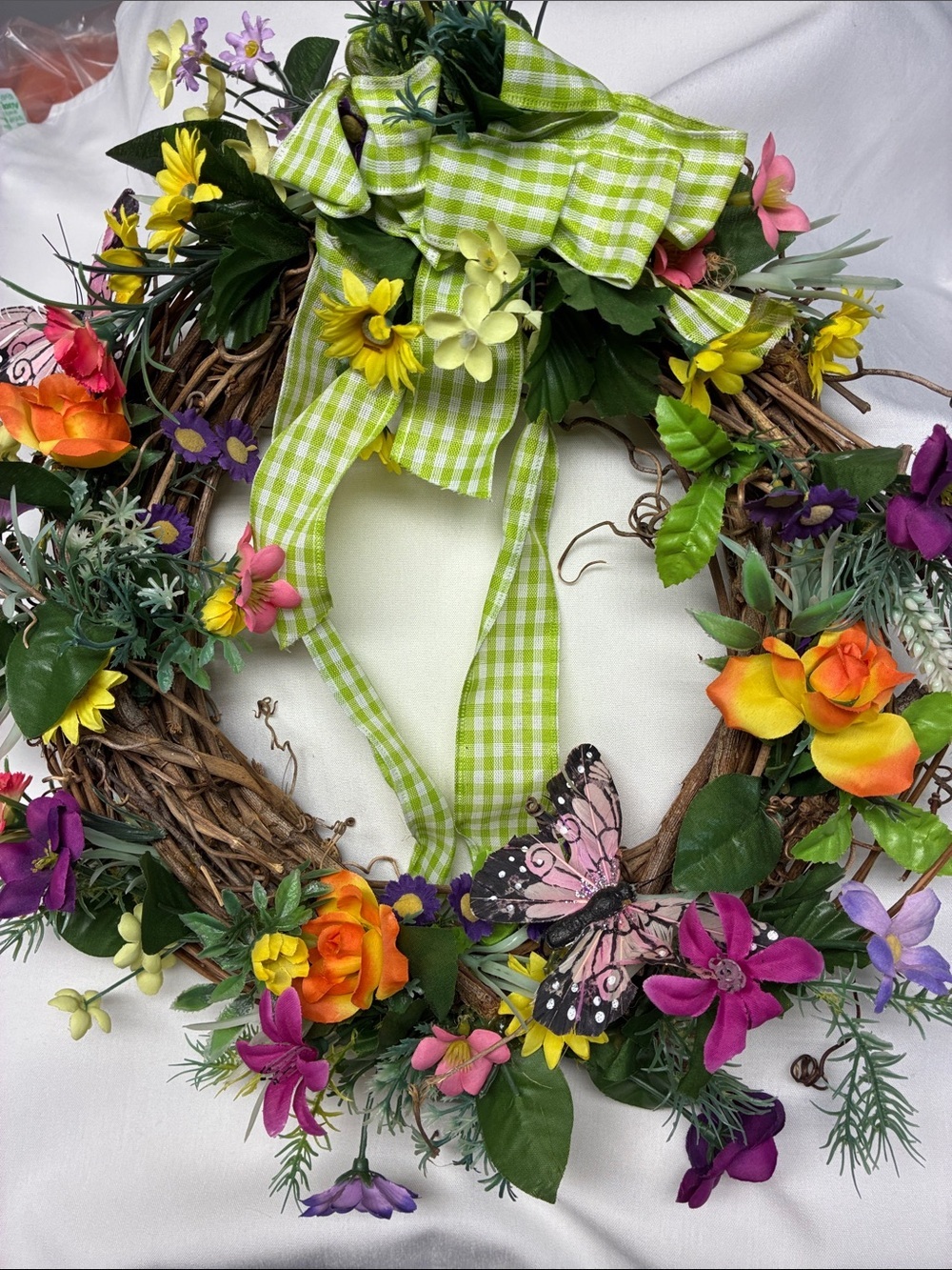 Hand Crafted Spring Floral Grapevine Wreath Butterfly Cottagecore Door Decor